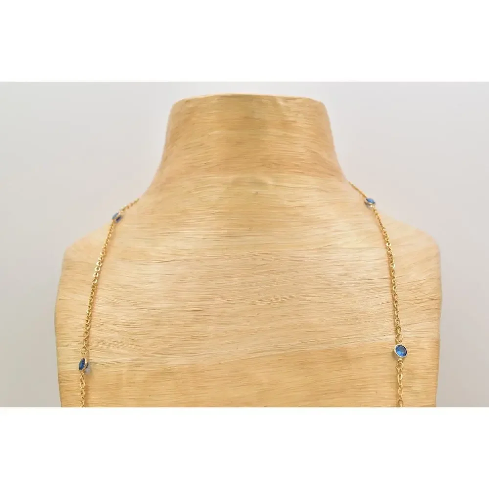 Vintage Blue Open Bezel Crystal Necklace Station Chain Gold Tone 1980s BinBJ